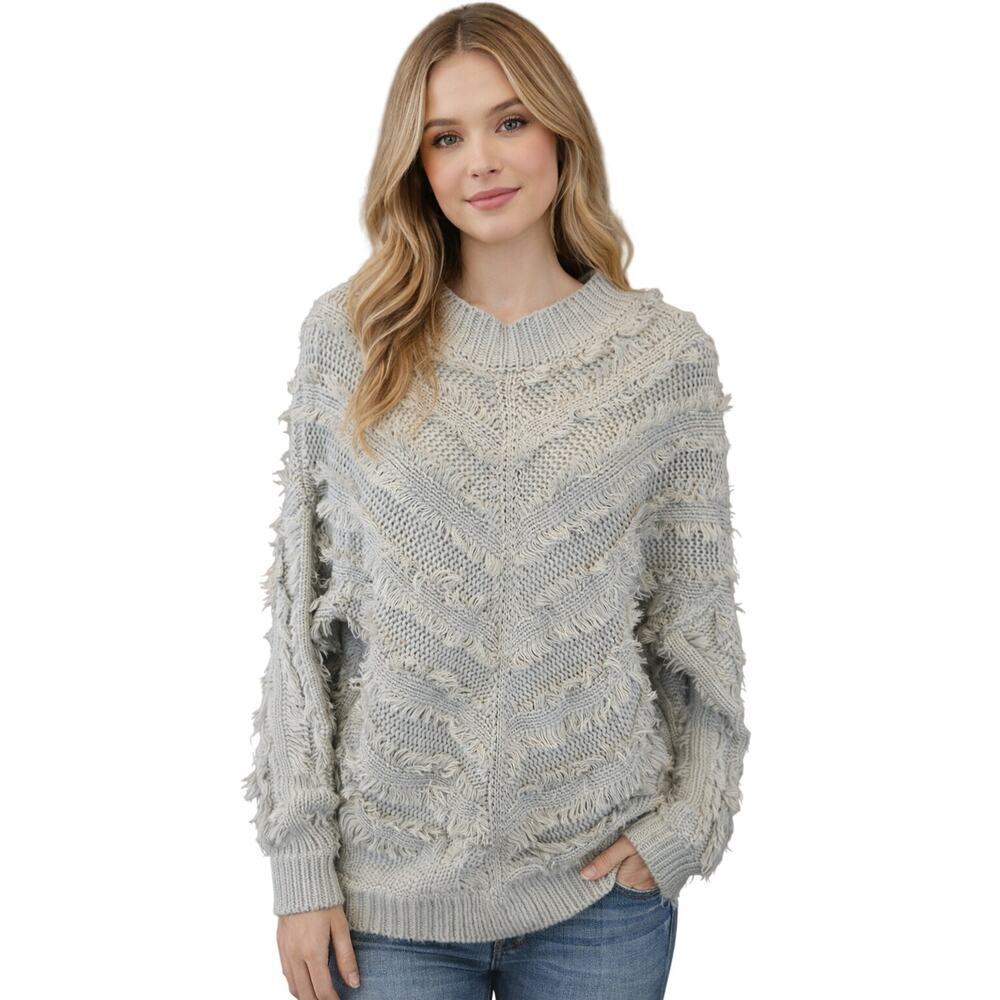 Umgee Grey Furry Frill Oversized Knit Sweater Small